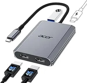 Acer 4-In-1 Usb C Hub, Type C To Dual Hdmi Adapter 4k@60hz, Hdmi Splitter For Dual Monitors With 100w Pd Port, Usb 3.0, Dual Monitor Adapter Compatible With Acer, Dell Xps, Hp, Macbook Neo/Air/Pro