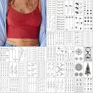Everjoy Realistic Tiny Temporary Tattoos - 400+ Patterns, 60 Pcs Inspirational Quotes, Words, Lines, Flowers, Leaves, Artworks, Message Tattoos For Women, Men And Adults