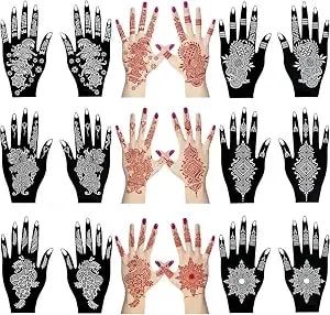 12 Sheets Henna Tattoo Stencil Kit For Hands, Indian Arabian Temporary Tattoo Template Self Adhesive Mehndi Stencil Stickers For Women Girls（8.2" X 4.7"）