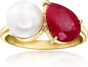 Ross-Simons 7.5-8mm Cultured Pearl And 3.00 Carat Ruby Toi Et Moi Ring In 18kt Gold Over Sterling