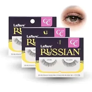 Laflare 3d False Eyelashes Russian Volume Strip Lashes - Fluffy, Wispy, Lightweight - Faux Mink Eyelashes Extension C Curl Wispy Handmade Soft Reusable 3 Packs Value Combo. (fcc06x3c)