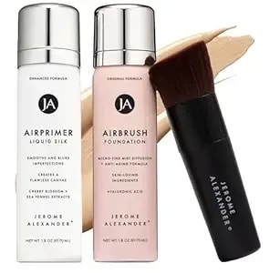 Magicminerals Airbrush Foundation Set By Jerome Alexander – 3pc Set Includes Primer, Foundation And Kabuki Brush - Spray Makeup With Anti-Aging Ingredients For Smooth Radiant Skin (Light Medium)