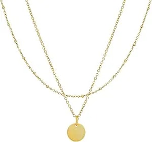 Amazon Essentials 14k Gold Plated Necklace Set Of 2 - Beaded Chain, Disc Pendant - Dainty Hypoallergenic Necklaces For Women