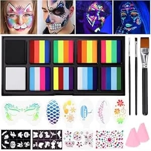 Janolia Rainbow Face Paint Kit - Uv Fluorescent Split Cake, Water Activated Body Paint For Kids' Halloween, Carnival & Easter
