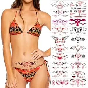 Sexy Navel Temporary Tattoos 20 Sheets Large Black Red Lace Abdomen Waist Waterproof Tattoo Stickers For Women Fake Body Tattoos