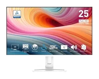 Msi Pro mp251w e2 24.5-Inch Ips 1920 X 1080 (Fhd) Gaming Office Monitor, 120hz, Adaptive-Synch, Hdr Ready, Hdmi, Vga Port, Display Port,Vesa Mountable, Tilt, Speaker, 4-Side Slim Bezel,1ms, White