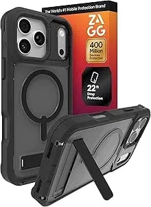 Zagg Rainier Case With Kickstand For Iphone 17 Pro Max - Smoke Black, Graphene 22ft (7m) Drop Protection, Lanyard Attach Points, Magsafe, Wireless Charging Compatible, 2-Piece Design, Phone Case
