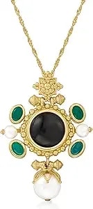 Ross-Simons Italian Cultured Pearl, Black Onyx And Green Agate Pendant Necklace In 18kt Gold Over Sterling Silver