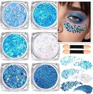 Teenitor Face & Body Glitter - Blue, Hair Glitter Gel, 6 Shapes Festival Makeup Glitter For Face, Hair & Body