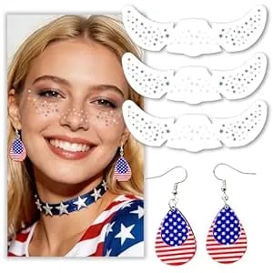 Red White And Blue Freckles With Patriotic Earrings For Women 4th Of July Glitter Freckles Face Tattoo 4th Of July Face Tattoos American Flag Earrings For Women 250 Anniversary Usa Merchandise (face4)