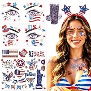 Usa Glitter Face Tattoos - Red White And Blue Face Tattoos Stickers With 4th Of July Glitter Stick Patriotic Temporary Tattoo For Independence Day 250th Anniversary Patriotic Party Makeup Supplies