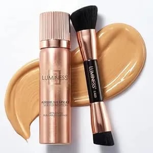 Luminess Silk Airbrush Spray Foundation & Buffing Brush Kit – Full Coverage Foundation & Dual-Sided Buffing Brush - Buildable Coverage, Anti-Aging Formula Hydrates & Moisturizes (Shade - Medium)