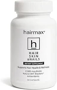 Hairmax Hair, Skin And Nails Dietary Supplement – Hair Loss & Hair Regrowth Treatment. 2500mcg Biotin, Dht Blocker, Msm & Antioxidants, 60 Capsules