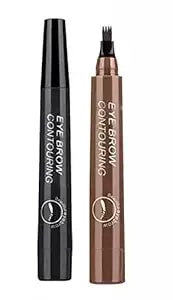 Magical Precise Waterproof Brow Pen, 4 Forked Liquid Eyebrow Pencil, 4-Tip Microblade Brow Pen, Blade Tip Water Eyebrow Pencil, Long-Lasting Microbladingpencil (Dark Brown+Black)