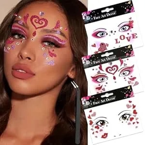 3pcs Valentine'S Day Face Heart Gems Stickers For Women Girls Eyes Body Face Glitter Rhinstone Temporary Tattoos Red Love Self Adhesive Stick For Makeup Holiday Party Supplies
