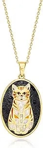 Ross-Simons Mother-Of-Pearl, Onyx And Orange Enamel Cat Mosaic Pendant Necklace In 18kt Gold Over Sterling. 18 Inches
