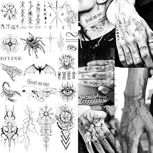 15 Sheets Cool y2k Compass Arrow Temporary Tattoos For Men Women Adults, Realistic 3d Spider Snake Scorpion Fake Tattoo Sticker, Forearm Arm Hand Blood Vessels Lightning Temp Tatoos Waterproof Decals