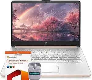 HP 14" Business Laptop Computer With Microsoft Office 365, 4-Core Intel Processor, 128GB SSD + 1TB Cloud Storage, 8GB RAM, Windows 11, Sagenova Earphones, Pale Rose Gold