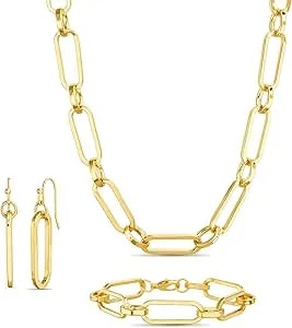 Nautica Link Chain Necklace Earring Bracelet Set For Women 14k Yellow Gold Plated Alloy