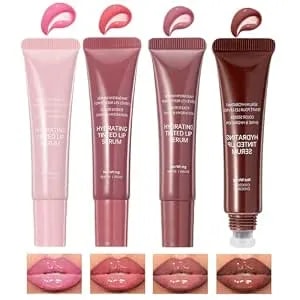 4 Colors Jelly Tinted Lip Serum Gloss Set - Hydrating Nourishing Lip Plumping,Long-Lasting Moisturizing With Polypeptide,Non-Sticky Glossy Lip Glaze Makeup