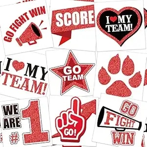 Colarr 180 Pcs Red And Black Team Spirit Temporary Tattoo 2", 1.5" Face Body Paw Go Team Cheer Tattoo Removable Glitter School Spirit Stickers For Classroom Cheerleading Football Sports Games