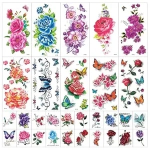 Flowers Temporary Tattoos Stickers, 10 Large Roses Flowers Tattoo, 20 Small Fake Flower Butterfly Body Art Waterproof Temporary Tattoos For Women Girls (Colorful Flower) 561