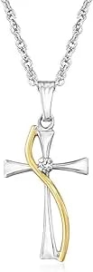 Ross-Simons Sterling Silver And 14kt Yellow Gold Cross Pendant Necklace With Single Diamond