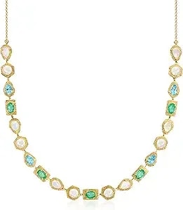Ross-Simons Opal And 4.5-5mm Cultured Pearl Necklace With 2.40 Ct. T.W. Emeralds And 2.00 Ct. T.W. Swiss Blue Topaz In 18kt Gold Over Sterling. 18 Inches