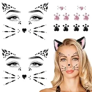 Qpout Cat Face Gems - Face Jewels For Women & Kids - Cat Whiskers Costume Accessory - 4 Sheets