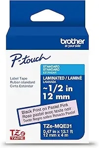 Brother Genuine P-Touch tzemqe31 Tape, 1/2" (0.47") Wide Standard Laminated Tape, Black On Pastel Pink, Laminated For Indoor Or Outdoor Use, Water-Resistant, 0.47" X 26.2' (12mm X 8m), tzemqe31
