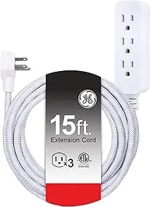 GE 3-Outlet Power Strip 15 Ft Braided Extension Cord With Multiple Outlets Grounded Flat Plug ETL Listed White 40530