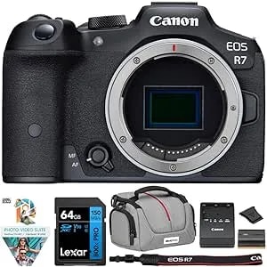 Canon Eos r7 Mirrorless Aps-C Camera With 4k Video 32.5 Mp Cmos Sensor Body 5137c002 Bundle With Lexar Premium 64gb Sdxc Memory Card, Deco Essentials Camera Bag And Corel Photo Video Suite