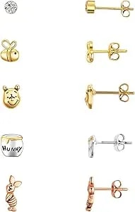 Disney Winnie The Pooh Tri-Tone Cz "Hunny" 5-Piece Stud Earrings Set For Women, Silver Plated, Cute Character Jewelry Gift