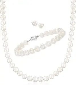 Ross-Simons 7-7.5mm Cultured Pearl Jewelry Set: Necklace, Bracelet And Stud Earrings In Sterling Silver