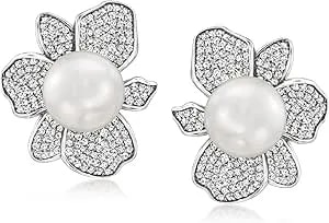 Ross-Simons 11mm Shell Pearl And 2.20 Ct. T.W. Cz Floral Earrings In Sterling Silver