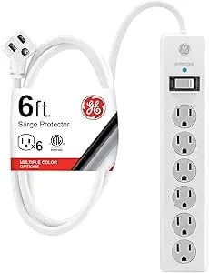 Ge Surge Protector Power Strip, 6 Ft Extension Cord, 6 Outlet Extender, 800 Joules, Flat Plug, Twist-To-Close Safety Covers, Etl Listed, White, 67051