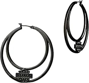 Harley-Davidson Women'S Crystal Pave Bar & Shield Logo Hoop Earrings, Brass