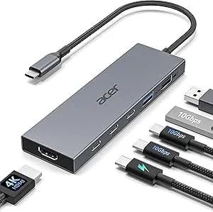 Acer 6-In-1 Usb C Hub 10gbps, Usb C To Hdmi Adapter 4k@60hz, 2×Usb-C 3.2, 1×Usb A 3.2, 1×Usb 2.0 Data Transfer, 100w Pd Port, Type C Multiport Splitter For Laptop, Macbook Neo/Air/Pro, Ipad Pro