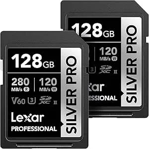 Lexar 128GB (2-PK) Professional Silver PRO SD Card, UHS-II, C10, U3, V60, Full HD, 4K, Up To 280MB/S Read SDXC Memory Card, For Photographer, Videographer, Enthusiast (LSDSIPR128G-B2NNU)