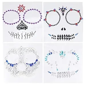 Lurrose Day Of The Dead Skull Face Gems Jewels Tattoos, 4pcs Rhinestone Halloween Jewels Tattoo Stickers For Halloween Festival Rave Party