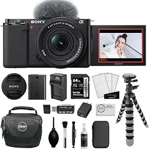 Sony Zv-e10 Mirrorless Camera With 16-50mm Lens - Black Bundle With 64gb Memory Card + 8" Flexipod + Battery Charger + Kc-25 Camera Shoulder Bag + Deluxe Cleaning Kit And Microfiber Cloth (8 Items)
