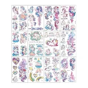 Glitter Unicorn Temporary Tattoos - 12 Sheets 120+ Styles Unicorn Mermaid Glitter Fake Tattoo Birthday Party Supplies Favors q748