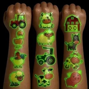 96 Pcs Glowing Farm Animal Temporary Tattoos - Luminous Farm Tractor Stickers For Kids Birthday Party Favors & Decorations