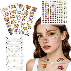 220+ Pcs Pride Temporary Tattoos Set, Pride Accessories, 6 Sheets Butterfly & Heart Freckles Plus 1 Rainbow Face Gems - Waterproof Rainbow Tattoo Stickers For Lgbtq Equality Parades And Celebrations