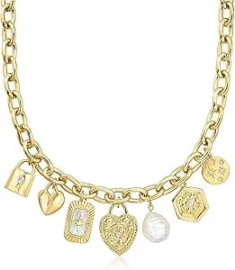 Ross-Simons 14kt Yellow Gold-Plated Charm Necklace With Simulated Gemstones, Pearl And .50 Ct. T.W. Czs. 18 Inches