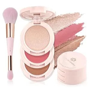 Color Nymph 3 Colors Contour Blush Highlighter Makeup Palette - 3-In-1 Multi-Colored Shimmer & Matte Long-Lasting Travel-Friendly Make Up Kit, Includes Brush & Mirror - Stacked Makeup Design (Purple)