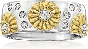 Ross-Simons Diamond Sunflower Ring In Sterling Silver And 18kt Gold Over Sterling