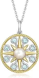 Ross-Simons 6-6.5mm Cultured Pearl And .50 Ct. T.W. Sky Blue Topaz Sun Pendant Necklace In Sterling Silver And 18kt Gold Over Sterling. 18 Inches
