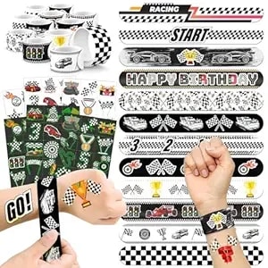 96 Pcs Checkered Flags Party Favors Set – 72 Pre-Cut Temporary Tattoos & 24 Slap Bracelets For Kids, Perfect For Racing Birthday Parties, Car-Themed Celebrations & Classroom Rewards