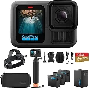 Gopro hero13 Black Camera With 3 Enduro Batteries - Waterproof 5.3k60 Action Camera With Dual-Battery Charger & Sandisk 64gb Extreme Sd Card - Head Strap 2.0 And Handler Floating Handgrip, Bundle Kit